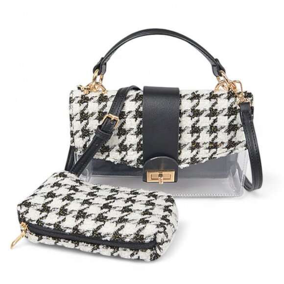 BNWT Brand Houndstooth Print Top Handle Transparent Event Bag With Pouch - Picture 1 of 7